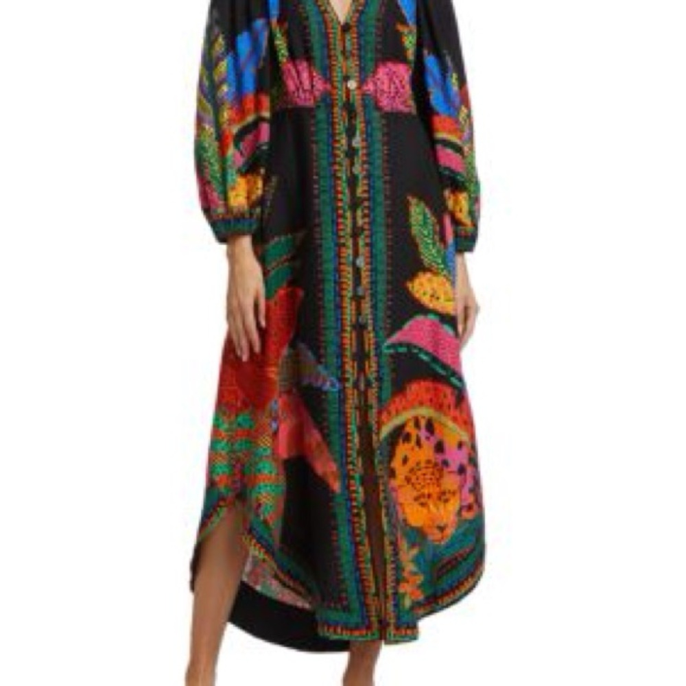 Farm Rio Size L Multicolored Maxi Long Sleeve Button Front Dress